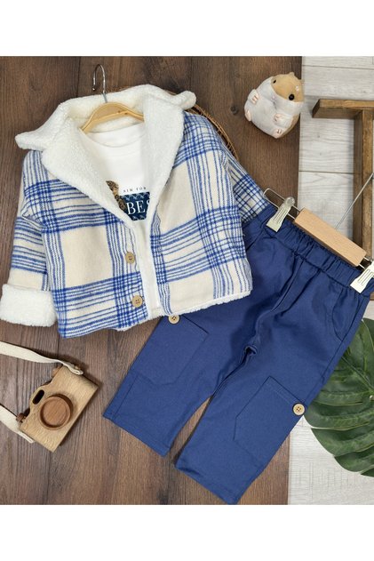 Wellsoft Fur Coat with Woodcutter Design, Teddy Bear Printed Badi Lycra Gabardine Trousers, 3-Piece Winter Baby Boy/Child Coat Set