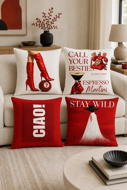 Red Women's Themed Decorative Throw Pillow Cover – Espresso, Ciao, and Stay Wild Patterns – (Double-Sided)