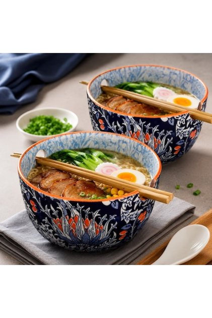 Set de 2 boluri din porțelan cu bețișoare, 720 ml, pentru Ramen, Tăiței, Sushi și Orez