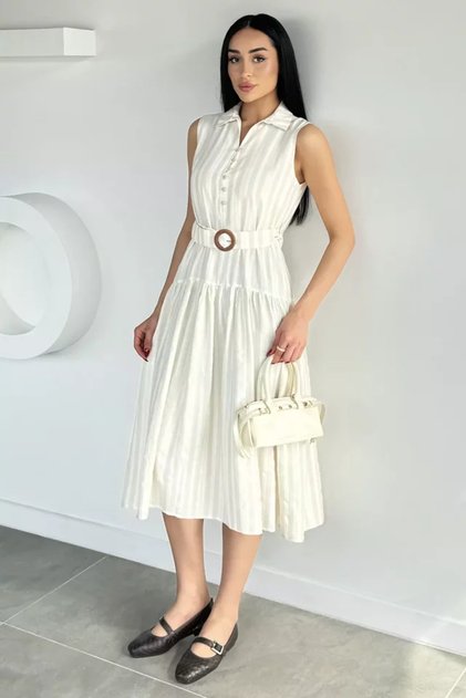 Women's Polo Collar Dress with Belt Accessory and Stripe Pattern