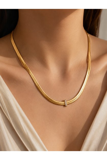 Kadın Gold Renk Çelik Balık Sırtı Zincirli Şık Kolye