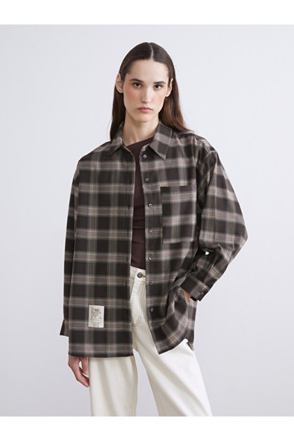 Esvab • Modern & Distinctive Checkered Embroidered Loose Fit Poplin Women's Shirt Tunic