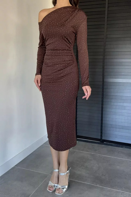One-Shoulder Detailed Stoned Dress