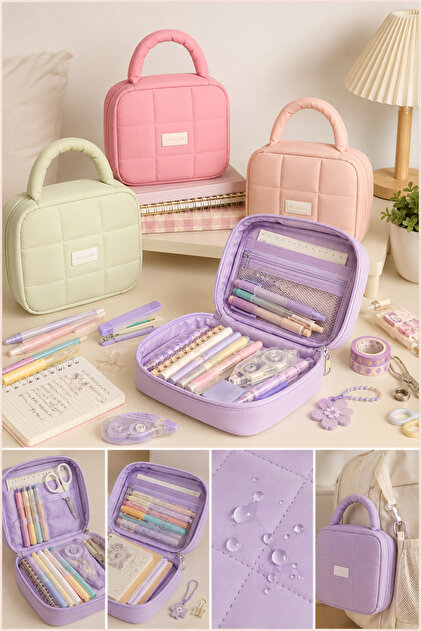 Quilted Multi-Compartment Large Organizer Pen Holder – Large Capacity Pencil Case with Handle