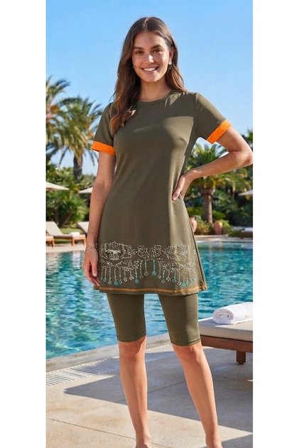 Short Sleeve Knee-Length Tights Pool Swimsuit Sequined