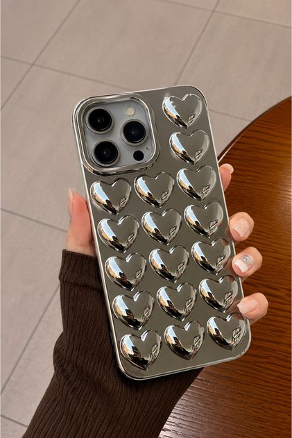 iPhone 15 Pro Max Compatible - Silver Heart Mirror Cover, Non-Scratch and Non-Yellowing Shockproof Glossy Case