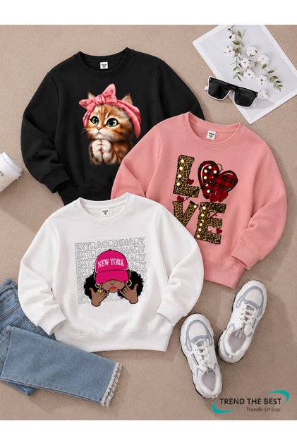 Winter Unisex Black, Pink, White 3-Piece Sweatshirt Sets for Girls, Boys, and Adults
