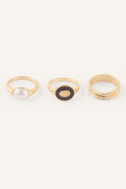 Women's Pearl and Geometric Detailed 3-Piece Ring Set I4297Axns