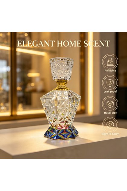 Luxury Geometric Cut Crystal Glass Essential Oil Perfume Bottle With Gold Ring And Iridescent Base. Empty Refillable Aromatherapy Container For Essential Oils Home Decor Accessory Vanity Display.