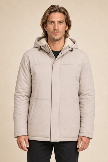 Men's Stone Fur-Trimmed Water and Wind-Resistant Ribbed Sleeve Detachable Hooded Coat & Parka