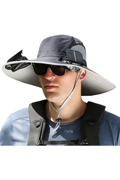 Outdoor Wide Brim Sun Hat with 2 Solar Powered Fans for Men and Women, Hat with Sun Protection Factor