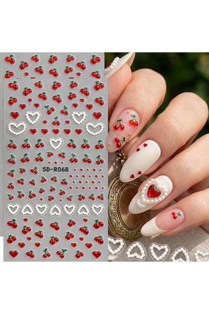 Beige Sweet Strawberry 5D Nail Art Stickers Cute Bowknot Dot Nails Decals Manicure Nail Technician S