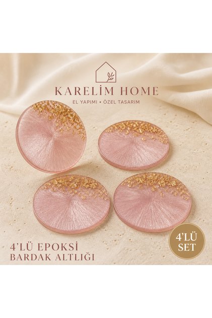 4’lü Sedefli Pembe Gold Varaklı Epoksi Bardak Altlığı Seti