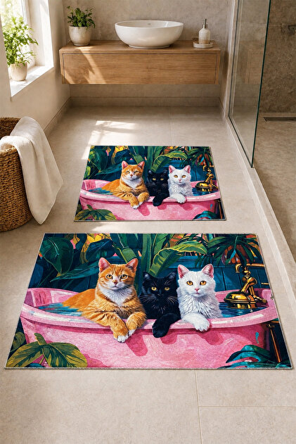 Decorative Digital Printed Set of 2 Bath Mat Non-Slip Base Toilet Set