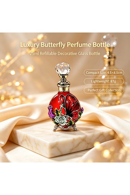 Vintage 25ml Decorative Glass Perfume Bottle with Butterfly Floral Motif, Crystal Faceted Stopper, Refillable Essential Oil Container, Luxury Home Decor, Ideal Gift for Women & Collectors.