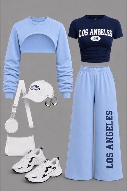 Los Angeles Tracksuit Printed 3-Piece Navy Blue Baby Blue Winter Set