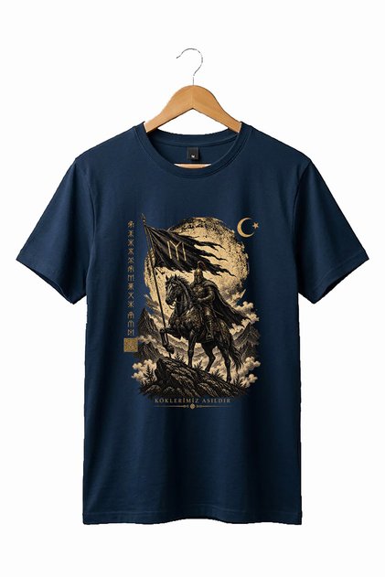 Turkish Warrior on Horseback Our Roots Are Hung up Written in Göktürk Alphabet Turkish History Printed Kayi Size 100% Cotton Crew Neck Basic Tshirt