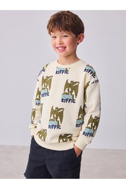 Boy's Front/Back Printed Combed Cotton Sweatshirt Beige