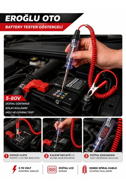 Eroğlu Oto Dijital Göstergeli Oto Elektrik Kontrol Kalemi – 12V / 24V Test ve Amper Ölçer