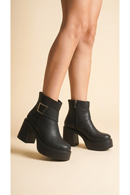 Comfortable High Heeled Women's Boots with Side Zipper and Buckle Detail