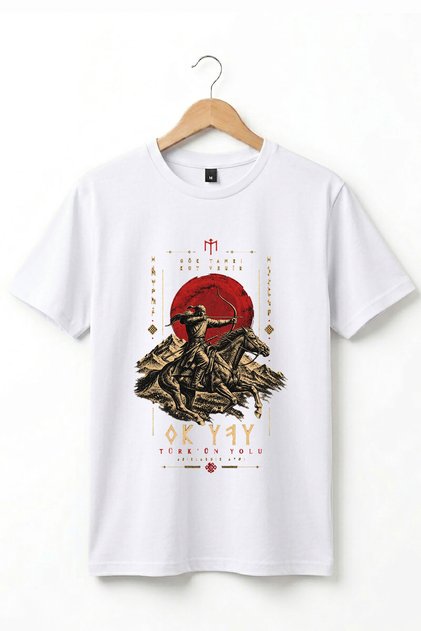 Göktürkçe Arrow and Bow Turkish Path Turkish Motif Horse Warrior Sky God Gives Kut Turkish History Printed 100% Cotton Crew Neck Basic Tshirt