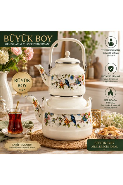 Büyük Boy Emaye Çaydanlık – 1,5 L Üst + 3,5 L Alt Suluk – Kalabalık Sofralar İçin