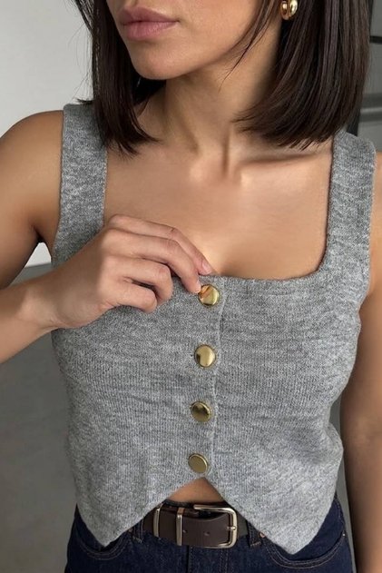 Square Collar Gold Buttoned Knitwear Vest Blouse