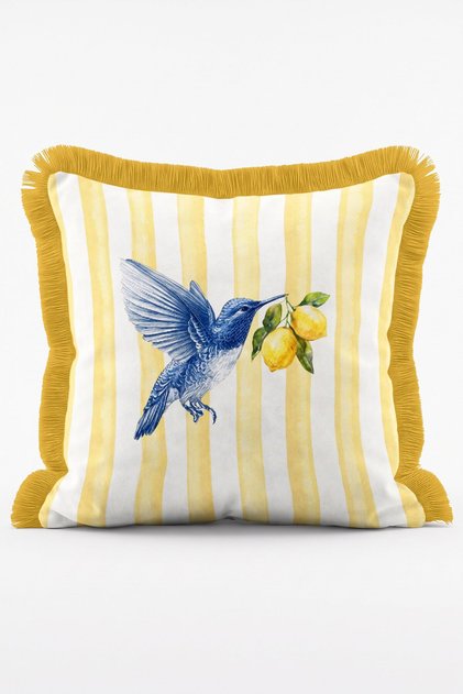 Yellow Striped Blue Hummingbird and Lemon Patterned Fringed Throw Pillow Cover