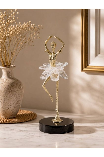 Kristal Etekli Dans Eden Balerin Dekoratif Obje – Gold Figür Siyah Kaideli Salon ve Konsol Aksesuarı 1 ADET