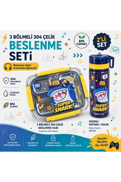 Su Mataralı 3 Bölmeli Paslanmaz Çelik Yemek Kabı Sızdırmaz Kapaklı, Suluklu Taşınabilir Beslenme Kabı 2086 MAVİ 800+600ML