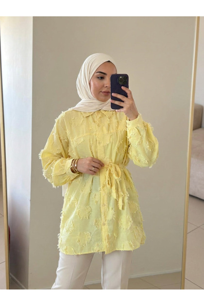 Women's Hijab Tassel Detailed Belted Buttoned Long Sleeve Shirt Tunic