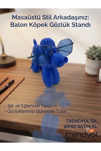 Balon Köpek Gözlük Standı - Dekoratif 3D Tasarım Masaüstü Gözlük Tutucu ve Organizer Mavi