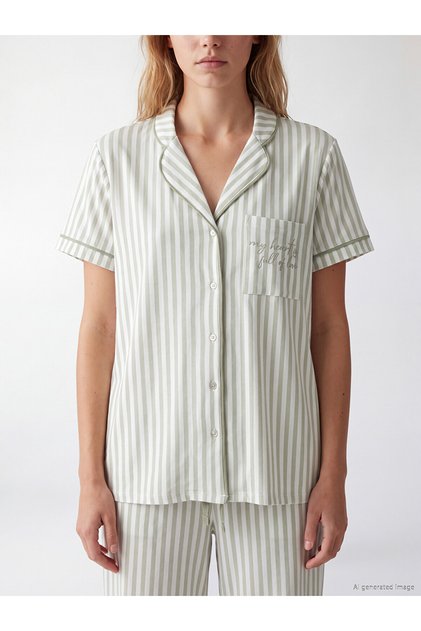 Lcw Dream Green Shirt Collar Striped Women's Pajama Set