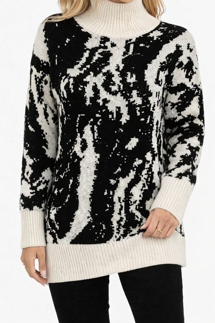 Women's Knitwear Sweater Black Ecru Patterned Turtleneck Long Sleeve Knitted Oversize Loose Sweater