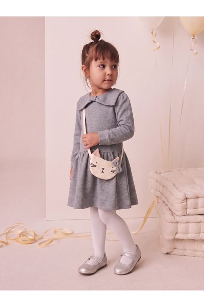 Girl's Bow Collar and Bag Combed Cotton Dress Gray