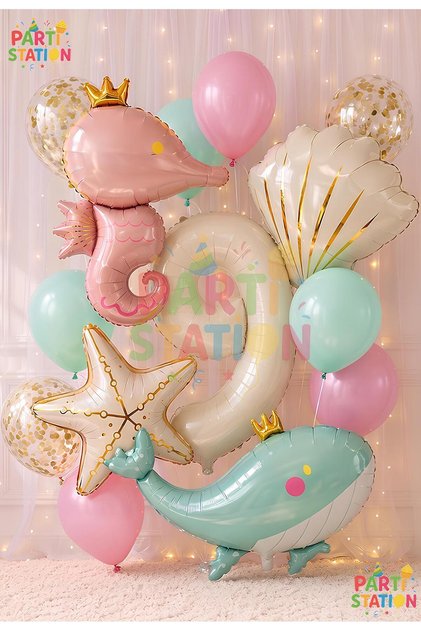 Mermaid Concept Balloon Set 9 Years Old - 15 Piece Extra Large Size Retro Balloon Sea Horse and Whale Foil Balloon Set Birthday Party Decoration Set
