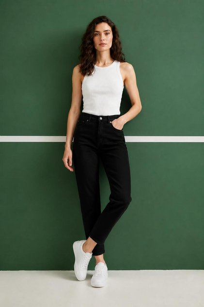 Women's High Waist Narrow Leg Black Color Jeans