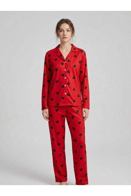 Women's Red Black Heart Cotton Pajama Set
