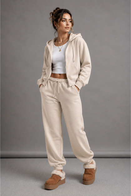 Women's Oversize Hooded Zip-Up Tracksuit Set – Sweatshirt & Jogger Pants