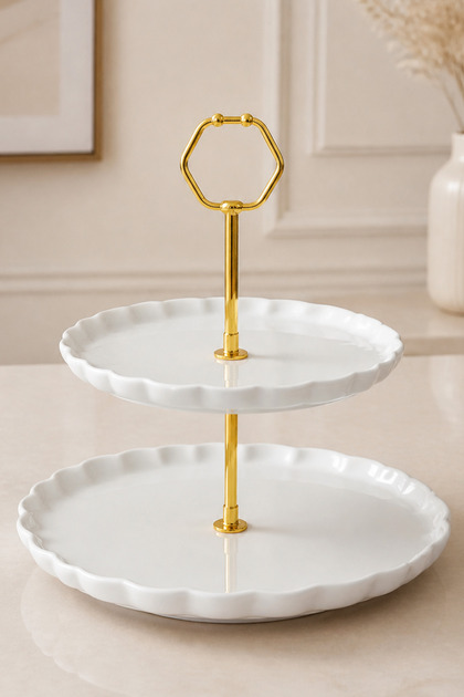 Habbe Off-White 2-Tier Porcelain Cookie Holder and Presentation Tray