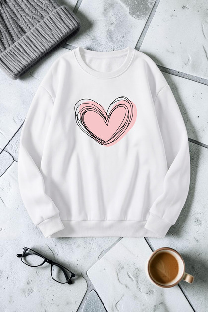 Unisex Cream Heart Printed Crew Neck Sweatshirt