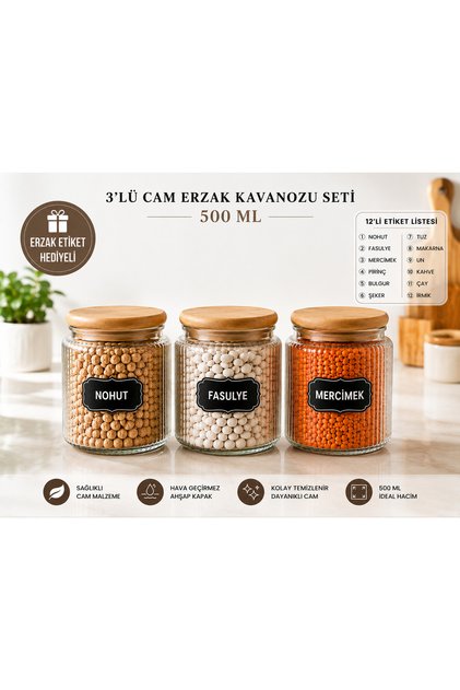 Set of 3 500 ml Striped Jars with Wooden Lids – Premium Design, Natural Wood Detail, and Stylish Food Storage Solution