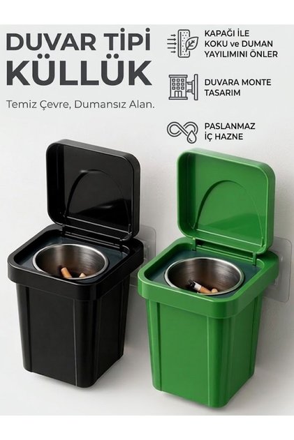 Green Trash Can Design Wall-Mounted Ashtray with Lid Decorative Balcony Office Ash Tray Stainless Container