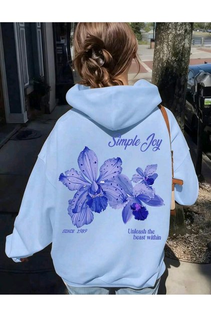 Unisex Erkek/Kadın SIMPLE JOY Renkli Özel Baskılı Pamuklu Oversize Kapüşonlu Sweatshirt