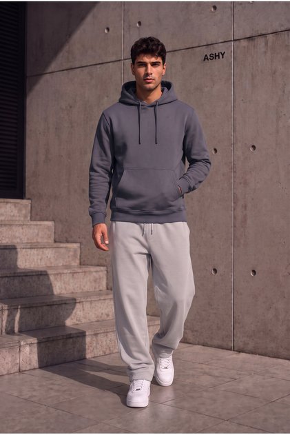 3 İP Füme Kanguru Cepli Kapüşonlu Sweatshirt – Erkek Kışlık Oversize Rahat Kalıp