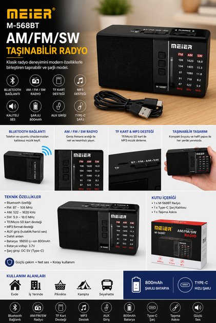 Meier M-568BT Bluetooth Taşınabilir Radyo – AM/FM/SW, TF Kart, MP3, Şarjlı 800mAh