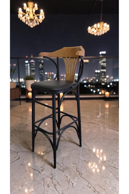 Shelby Serisi 65 cm Ada Bar Sandalyesi Metal Ayaklı 1. Sınıf Siyah Deri Minderli