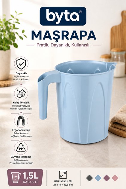 1,5 Litre Plastik Maşrapa | Ergonomik Saplı Dayanıklı Çok Amaçlı Su Maşrapası, Banyo, Mutfak ve Ev Kullanımı İçin