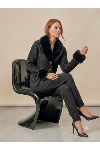 Women's a Quality Faux Fur Collar and Cuff Knitwear Cardigan