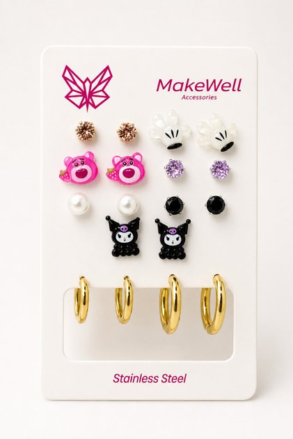 9 Pairs of Women's Earring Set – 7 Pairs of Pink Teddy Bear Hand Figured Pearl and Stone Earrings + 2 Pairs of Stainless Steel Gold Hoop Earrings